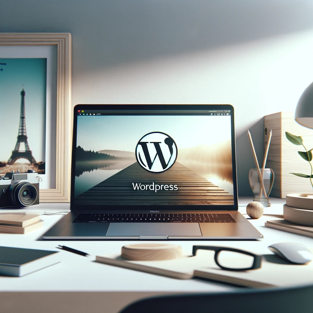 strakke webdesign-werkruimte voorstelt met een laptop waarop het WordPress-logo te zien